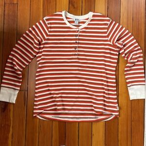 Duluth Trading Co Red and White Striped Henley Long Sleeve